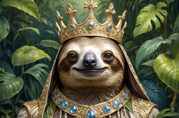 Obraz premium Sloth wearing a golden crown and royal attire in a lush green forest setting