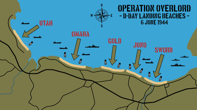 Military Map Showing Five D-Day Landing Beaches