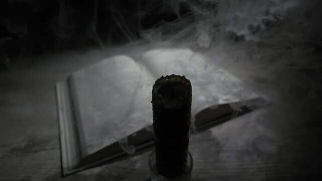 A hand uses a match to light a beeswax candle in a dark, smoky room, casting a warm glow on an open book, representing the concept of seeking knowledge, magic, or quiet study.