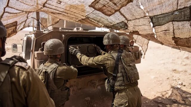 Desert location under mesh shelter. Soldiers load a metal container. They work together with focus. Serious expressions show determination. Suitable for military training and deployment projects