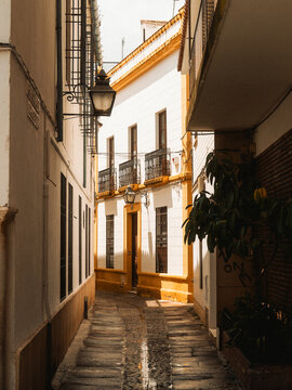 View of a narrow cobblestone alleyway between traditional white-washed buildings with yellow trim and wrought iron balconies under warm sunlight in Cordoba, Andalusia, Spain.