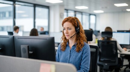 Naklejka na ściany i meble A redheaded woman wearing a professional headset sits at her desk in a modern open plan office. She is focused on her computer screen. Ideal for customer service and business communication themes.