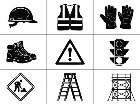 Industrial Safety and Construction Icon Set Black Silhouettes