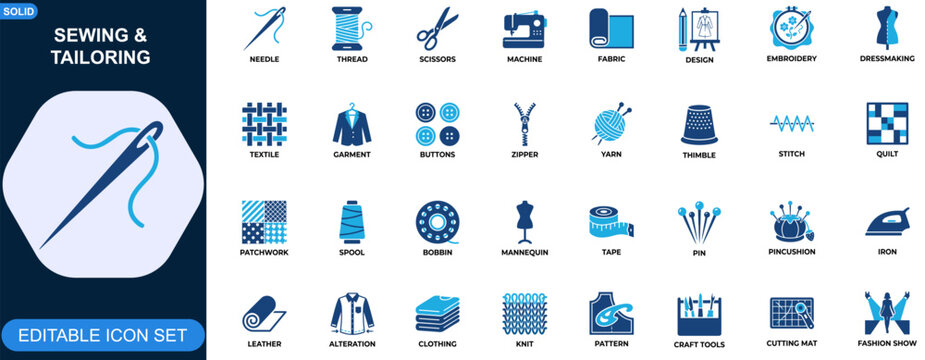 Sewing and tailoring icon set. Needle, thread, scissors, sewing machine, fabric tools, fashion design, embroidery, dressmaking, textile craft. Editable icons collection. Vector.