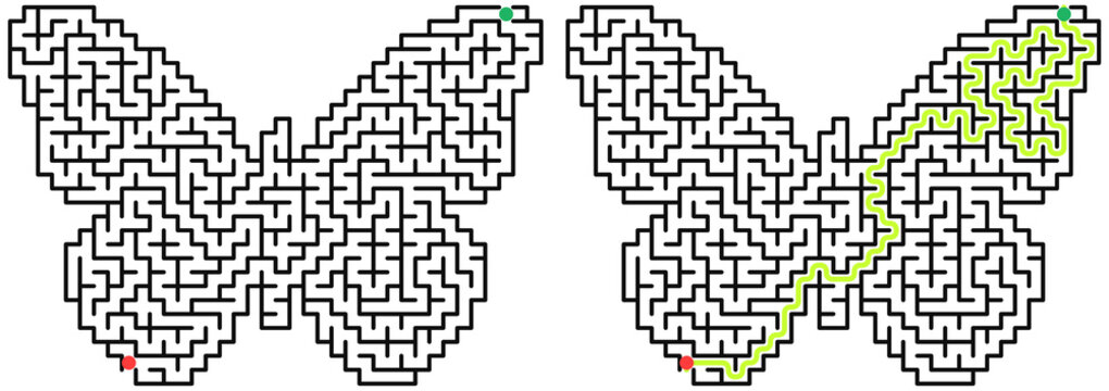 Butterfly-shaped maze puzzle in minimalist dark style representing brain training and educational logic game