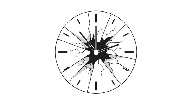 Broken clock face with shattered glass on white background