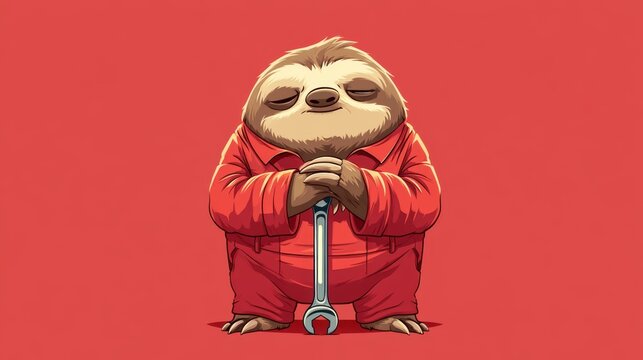 Sleepy Sloth Mechanic in Red Jumpsuit Holding Lug Wrench