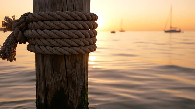Thick nautical rope tied to wooden pier at sunset.