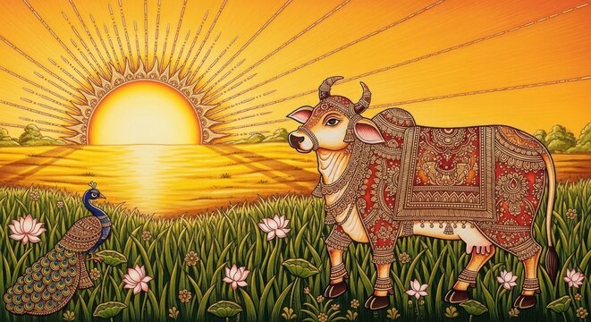Vibrant Indian Sunrise Scene with Sacred Cow and Peacock.