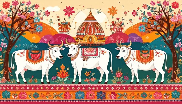 Vibrant Indian Sacred Cows and Temple Illustration with Floral Border.