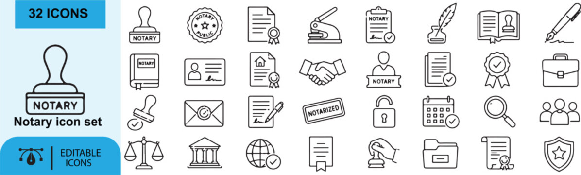 Set of 32 Notary icons Each Bold icon will be different, create a vector outline icons using white background and black color 