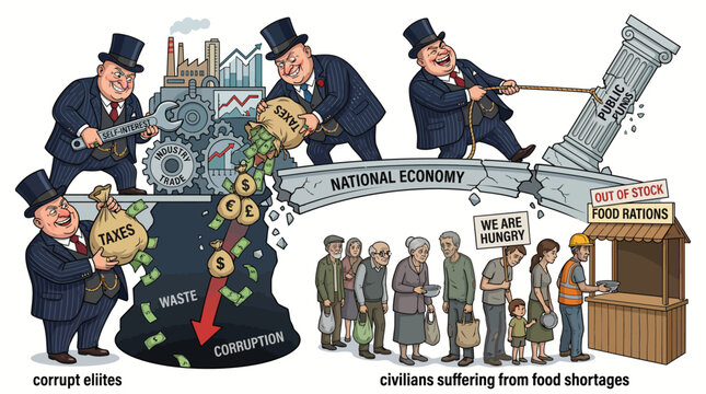 Cartoon illustration depicting corrupt elites and politicians draining national economy with greed and corruption while citizens suffer from food shortages and poverty.