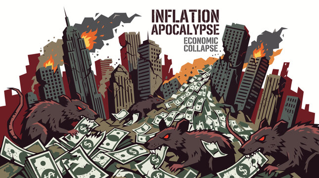 Illustration of rats amidst burning cityscape with scattered money and Inflation Apocalypse text in bold letters against a white background.
