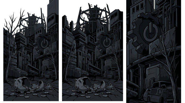 A dark, monochromatic triptych illustration of a desolate, post-apocalyptic cityscape with ruined buildings and debris, against a stark white background.