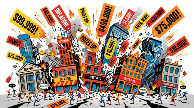 Colorful illustration of a city street with buildings and people amidst exploding price tags and signs in a chaotic scene with a vibrant and dynamic mood.