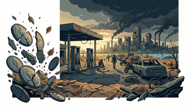 Illustration of a post-apocalyptic cityscape with a destroyed gas station, debris, and a dark stormy sky in the background.