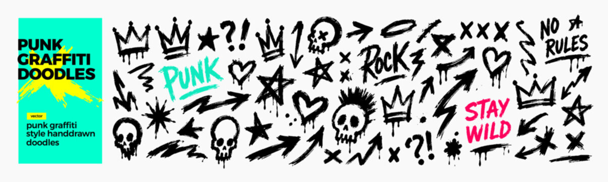 Graffiti doodles with punk art style, featuring elements like crowns, skulls, stars, arrows, lightning bolts, and text such as Punk, Rock, Stay Wild, and No Rules.