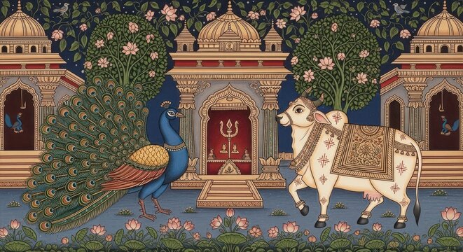Vibrant Indian Temple Scene with Peacock and Sacred Cow.