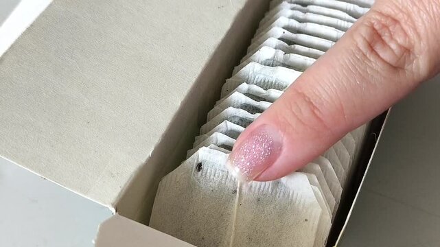 A woman runs her finger over the tea bags in the box. Granulated black tea