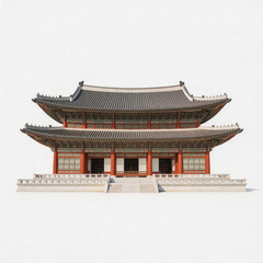 Fototapeta premium Isolated two-story traditional East Asian palatial hall with tiled double eaves, red wooden pillars and stone balustrade platform on a plain white background.