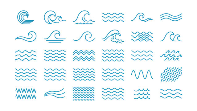 Collection of various blue wave line icons and symbols for graphic design purposes  ocean wave graphics