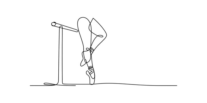 Ballet dancer legs in pointe shoes practicing at barre, one continuous line drawing Vector, illustration