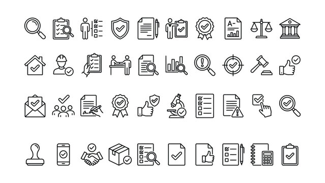 Line icons set of business security and approval concepts with checkmarks and symbols  business productivity and verification