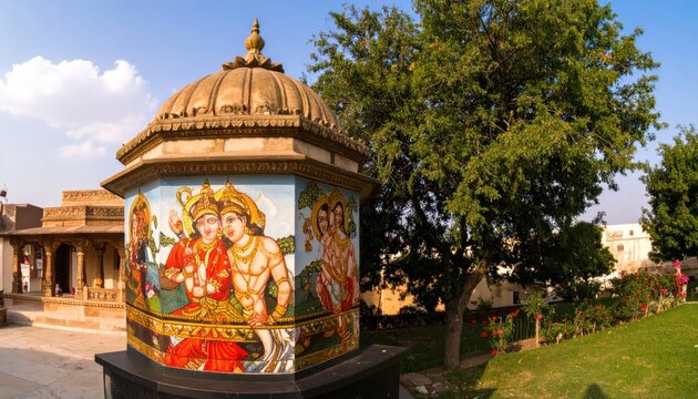Vibrant Indian Temple Structure with Religious Murals and Lush Greenery.