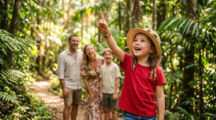 Fototapeta premium Joyful little girl pointing upwards in awe, wearing a bright crimson red shirt and a woven straw hat, beautifully blurred jungle nature.