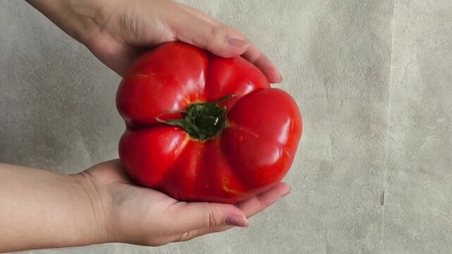 A large red tomato with leaves in his hand.