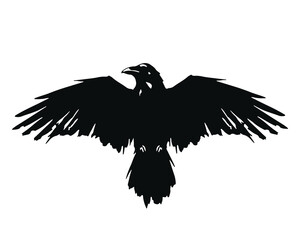 Fototapeta premium Black raven flying silhouette with spread wings. Hand drawn grunge vector illustration of crow bird for gothic design or tattoo emblem.