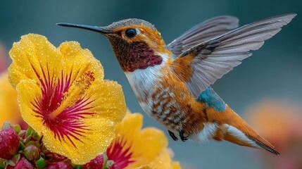 Fototapeta premium Close up of a hummingbird near a yellow hibiscus flower featuring fresh morning dew droplets.