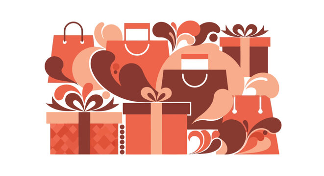 Gift boxes and shopping bags in modern abstract coral color palette illustration
