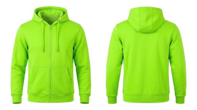 A bright green zip-up hoodie shown from the front and back