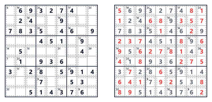 Sudoku puzzles with filled and empty cells on white background  