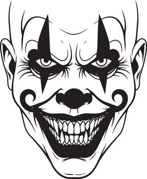 Creepy clown face illustration with menacing grin and sharp teeth in black and white line art style, Generative AI