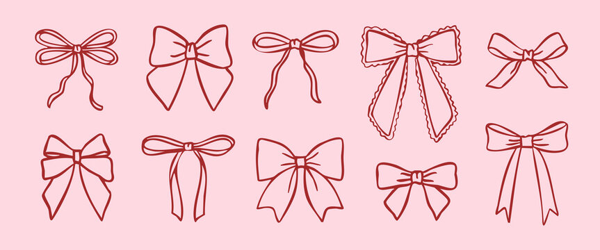 Set of elegant hand drawn bows and ribbons in doodle outline style on a pastel pink background.