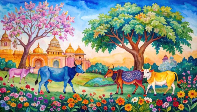 Vibrant Indian Village Scene with Cows and Temples.