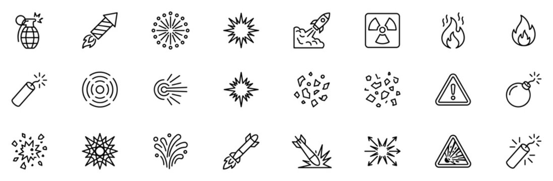Set of line icons representing explosion, fire, bomb, rocket, fireworks, caution and radioactive symbols on transparent background
