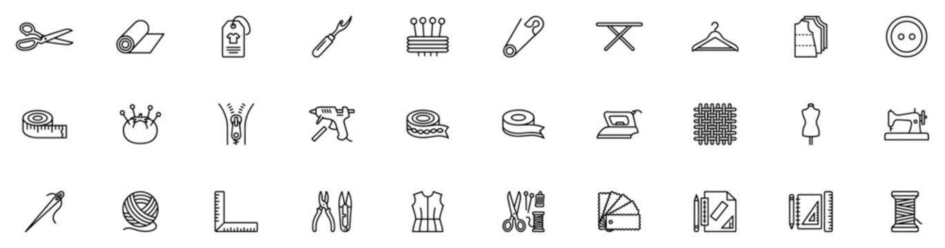 Set of sewing and tailoring icons including scissors, fabric roll, price tag, seam ripper, pincushion, safety pin, ironing board, hanger, patterns, button, tape measure, zipper on transparent backgrou