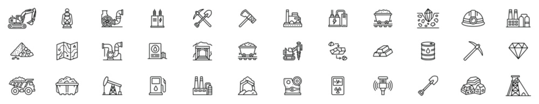 Outline icons set of mining and industrial equipment including excavator, lantern, pump, factory, mining cart, pickaxe, shovel, diamond and oil rig on transparent background