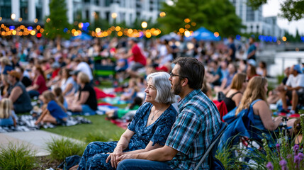 Obraz premium Crowd scene at packed urban waterfront park during Fourth of July evening with multigenerational families spreading picnic blankets elderly couples seated in folding chairs children darting between 