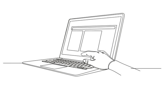 Continuous line drawing of a hand typing on a laptop computer keyboard.
