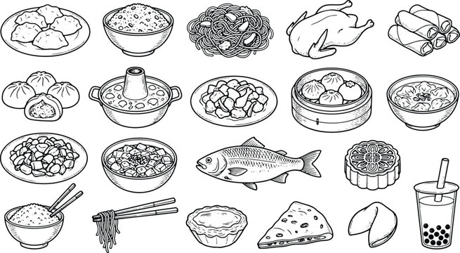 Vintage Asian food illustration collection featuring noodles dumplings rice seafood and bubble tea