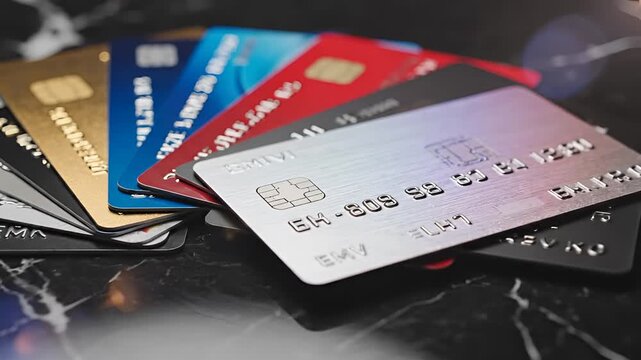 Closeup of a fan of credit cards on a dark marble surface.