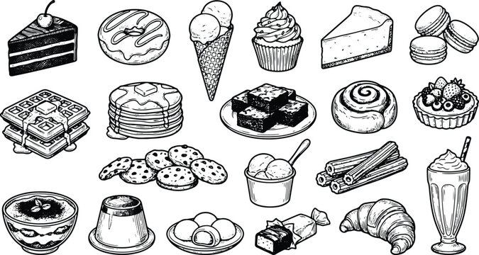 Vintage dessert sweet food engraving collection featuring cakes pastries and creamy treat illustrations