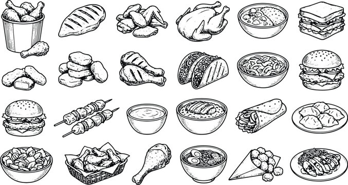 Vintage food engraving collection featuring burgers tacos noodles chicken rice and wraps illustrations