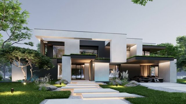 4K video rendering of two-story house with parking and pool for sale or rent with concrete facade and beautiful landscaping Clear summer evening with cozy light from window