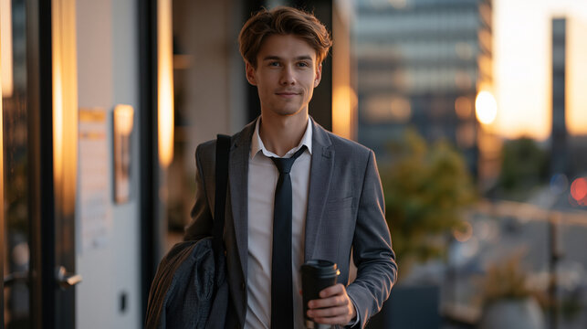 Slim young professional leaving empty apartment at 7am with only black coffee thermos, noting fasting start time on wall calendar, minimalist morning routine, intermittent fasting lifestyle integrat