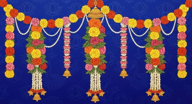 Vibrant Indian Wedding Toran Decoration with Marigold Flowers and Bells.